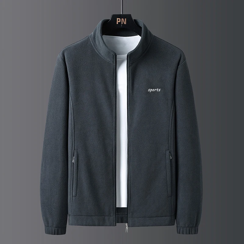 Men Lamb Fleece Lined Polar Fleece Jacket Stand Collar Zipper Coat Autumn Winter Thick Warm Sports Casual Outerwear Plus Size
