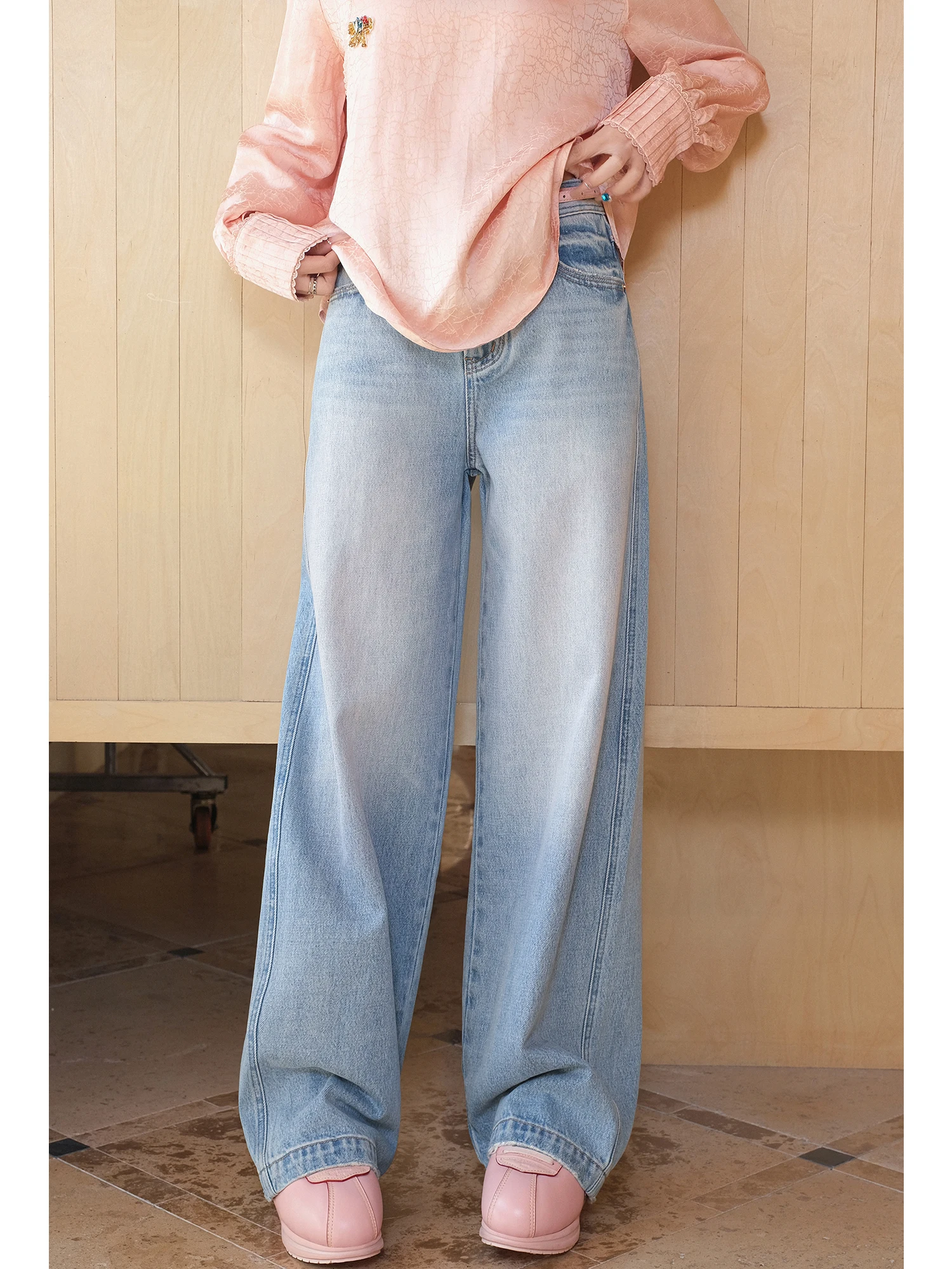 

MIUCO Light Blue Straight Leg Jeans High Waist Drapey Loose Wide Leg Long Pants Worn Wa Casual Cotton Denim Trousers