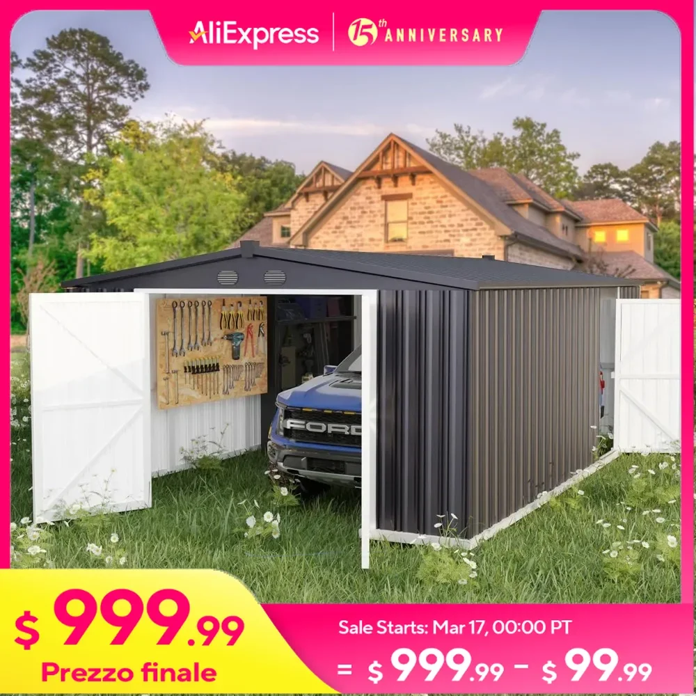 20x10 FT Outdoor Storage Shed with 2 Doors and 4 Vents, Car,Truck, Garbage Can,Tool, Lawnmower, Large Metal Garden Tool Shed