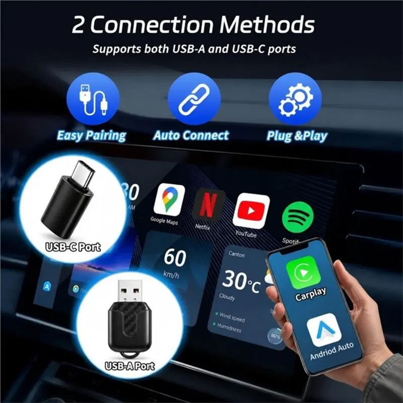 AB16-Plug& Play Carplay Android Auto 2In1 Wireless Box Wired Connection Smart Mini Box Car Audio Adapter Dongle