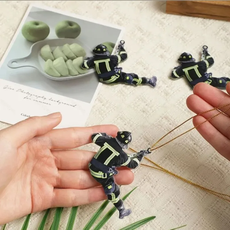 Firefighter Fireman Car Decoration Pendant Flat Wooden Keychain Acrylic Ornament for Christmas Tree Rearview Mirror Hanging