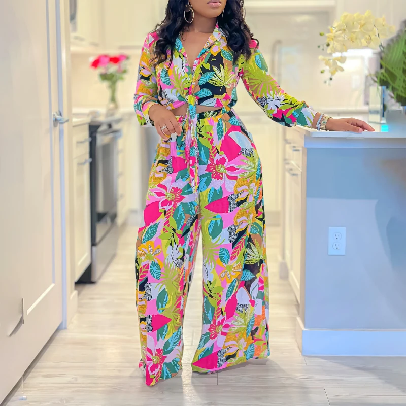 

African Fashion Pants Set Women 2 Piece Sets Matching Sets 2024 Summer Flower Printed Top and Pants Suits Outfits