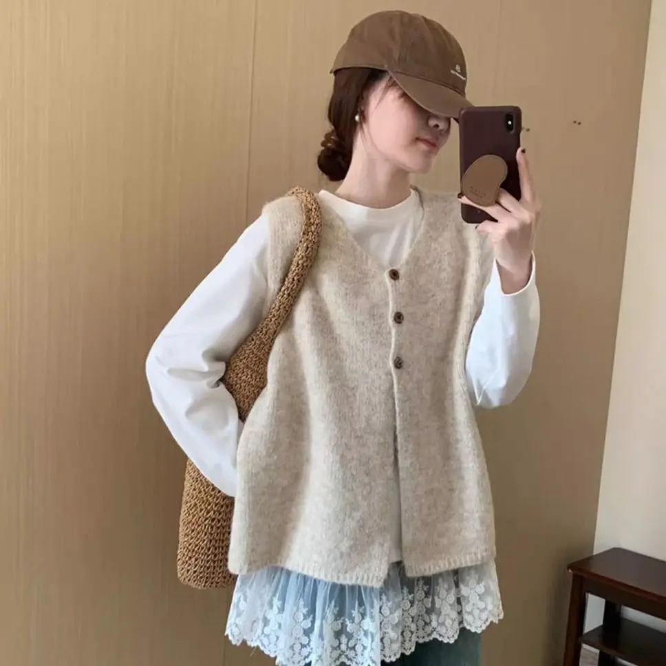 

Korean Retro Sleeveless Sweater Vest Women Oversized Layering Knit Waistcoat Autumn Winter Fashion