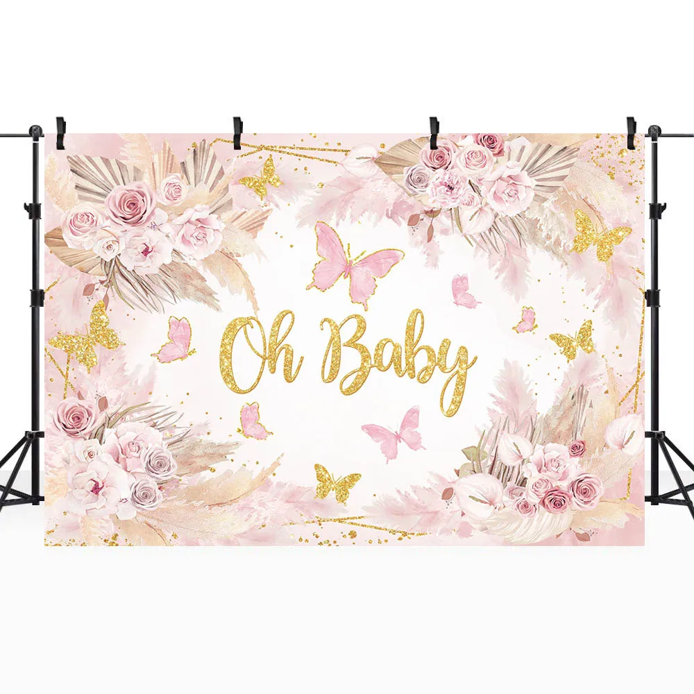 Mocsicka Bohemian Baby Shower Backdrop Boho Flowers Pampas Grass Butterfly Pink Girl Welcome Party Decor Photo Background Banner