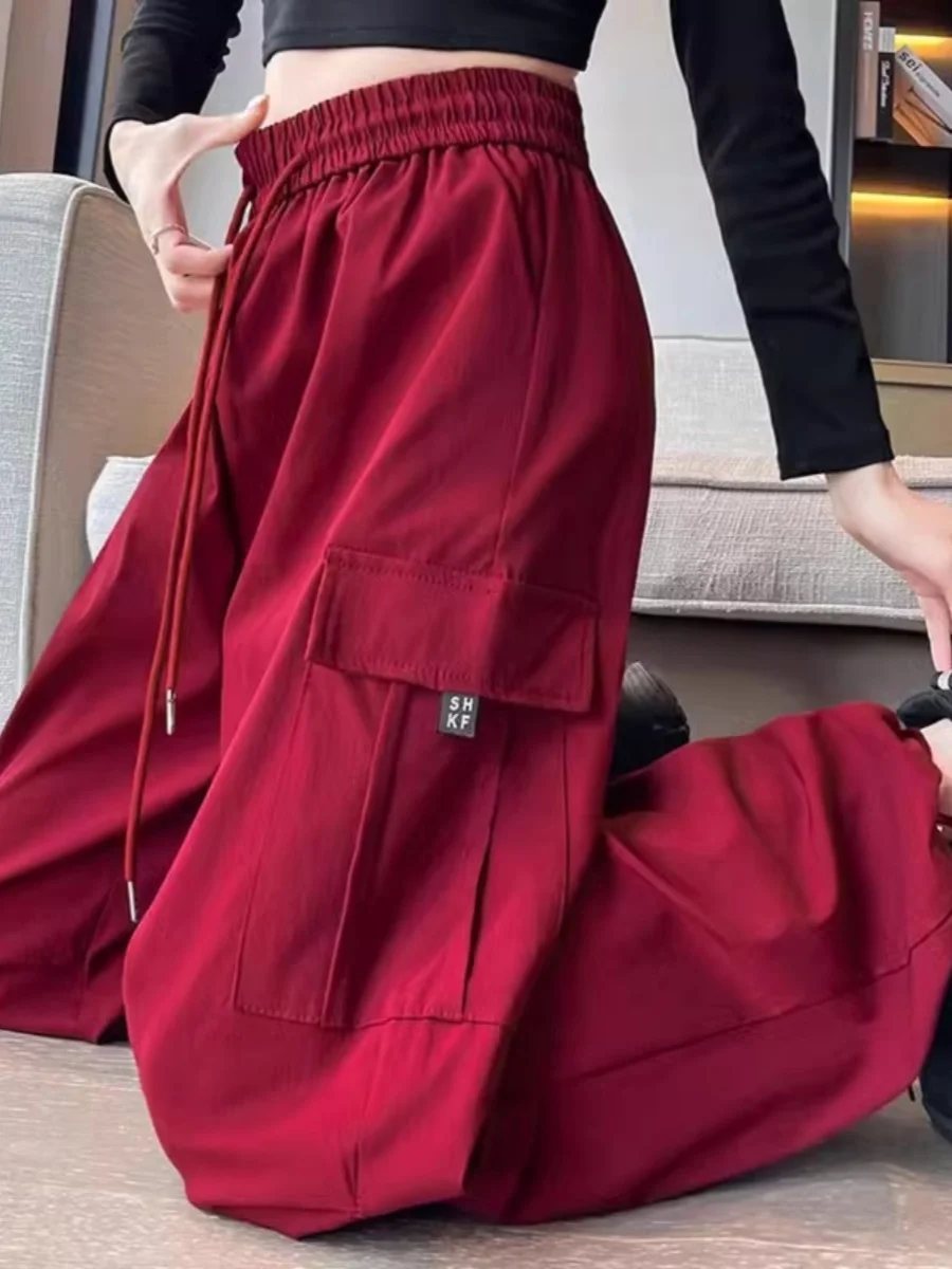 

Женские летние брюки с высокой талией и широкими штанинами, новые, свободные, стройнящие, шикарные, с завязками, спортивные, в американском уличном ретро-стиле