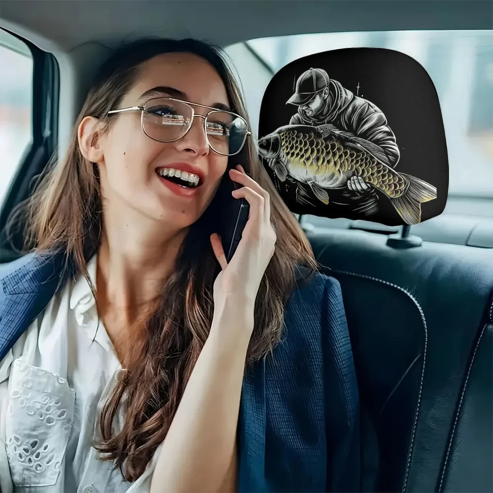2pcs Vintage Fishing Character Print Car Headrest Covers Elastic Design Easy Installation Washable