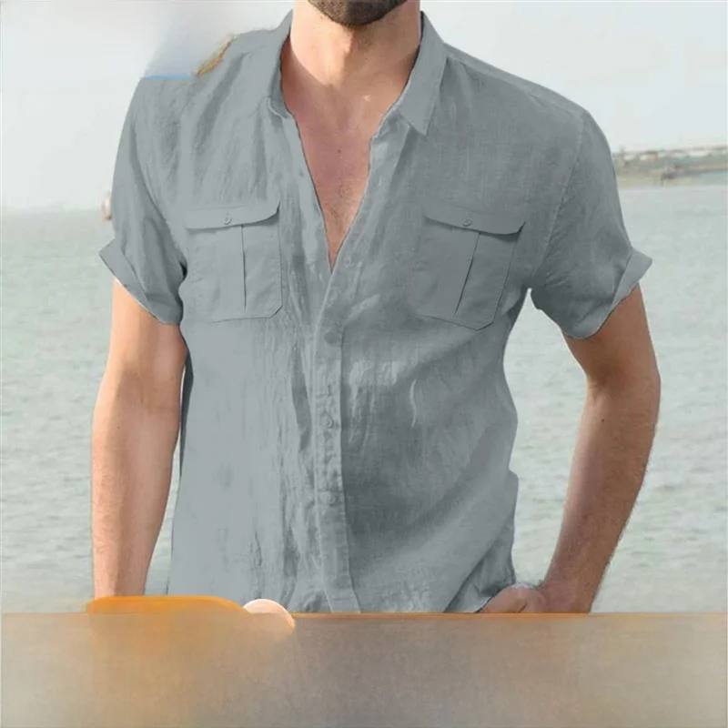 

Мужская льняная одежда Double ket irt ort Sve свободного кроя, повседневная одежда, однотонная модная летняя одежда с откидным воротником