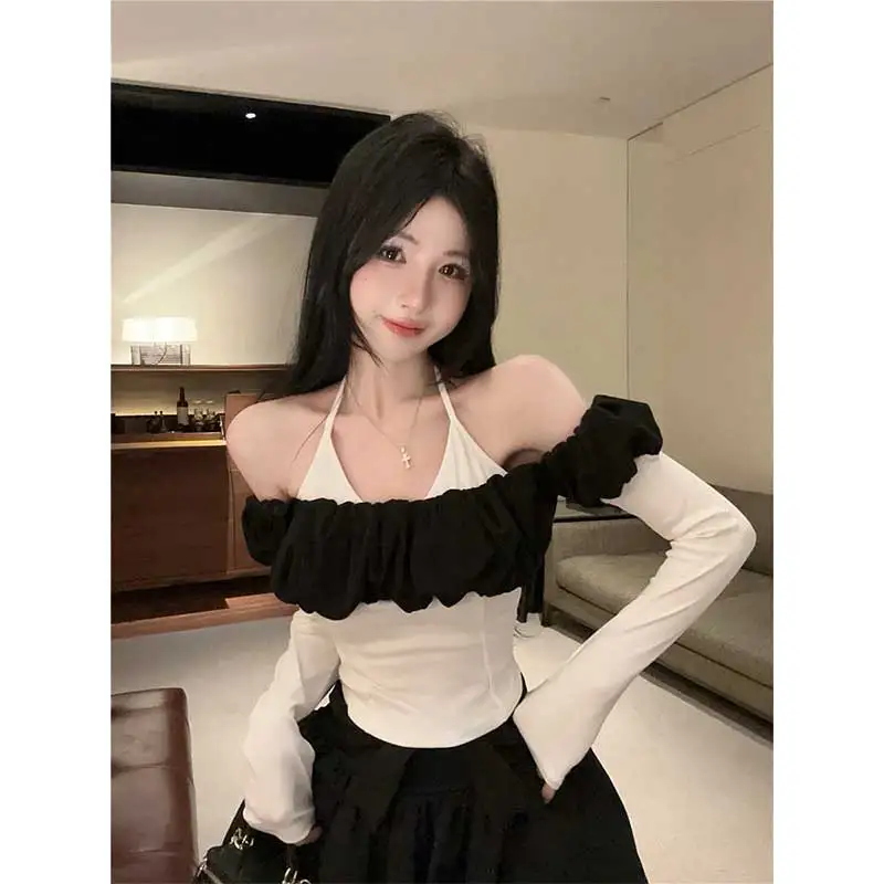 Women Clothing Spring Autumn Fashion Color Blocking Halter Female All-match Temperament Pure Desire Wind Slash Neck SliCardigan