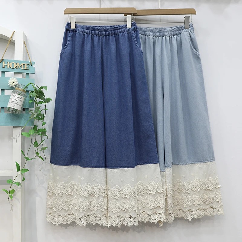

Japanese Vintage Mori Girl Lace Layer Embroidery Patchwork Denim Wide Leg Pants Women Summer Elastic Waist Causal Loose Jeans