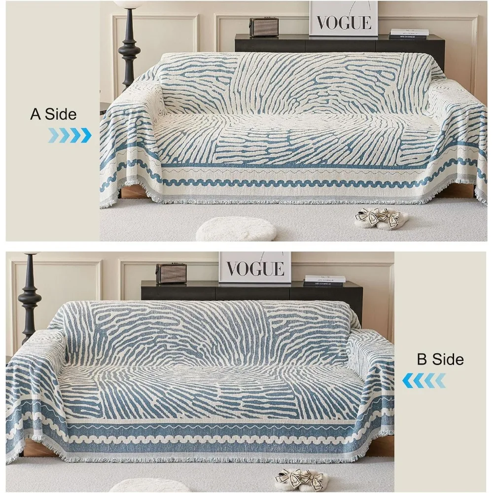 غطاء أريكة شانيل مخطط سميك مع شرابة، بطانية غطاء أريكة زرقاء للأرائك المقطعية، أغطية ناعمة للأرائك الكبيرة