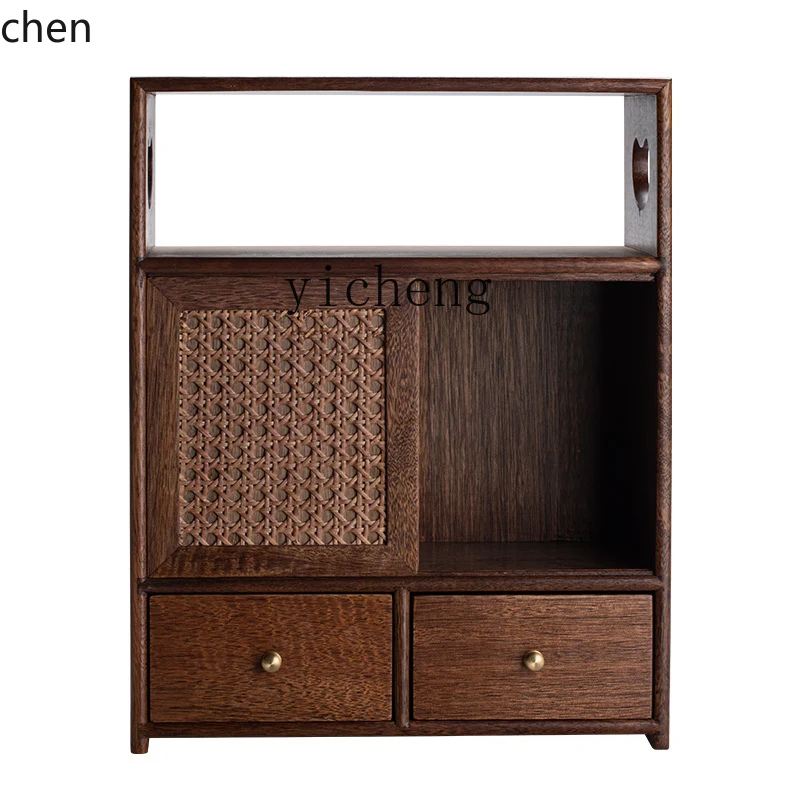 YFY Gold Silk Walnut Desktop Small Storage Shelves Teaware Tea Jar Dust-Proof Cabinet Solid Wood Vintage Storage Cabinet