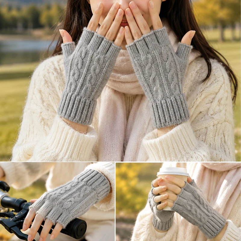 Autumn and Winter Warm Half-Finger Jacquard Gloves for Men and Women, Dew Finger Twisted Flower Cold-Resistant Thick Gloves