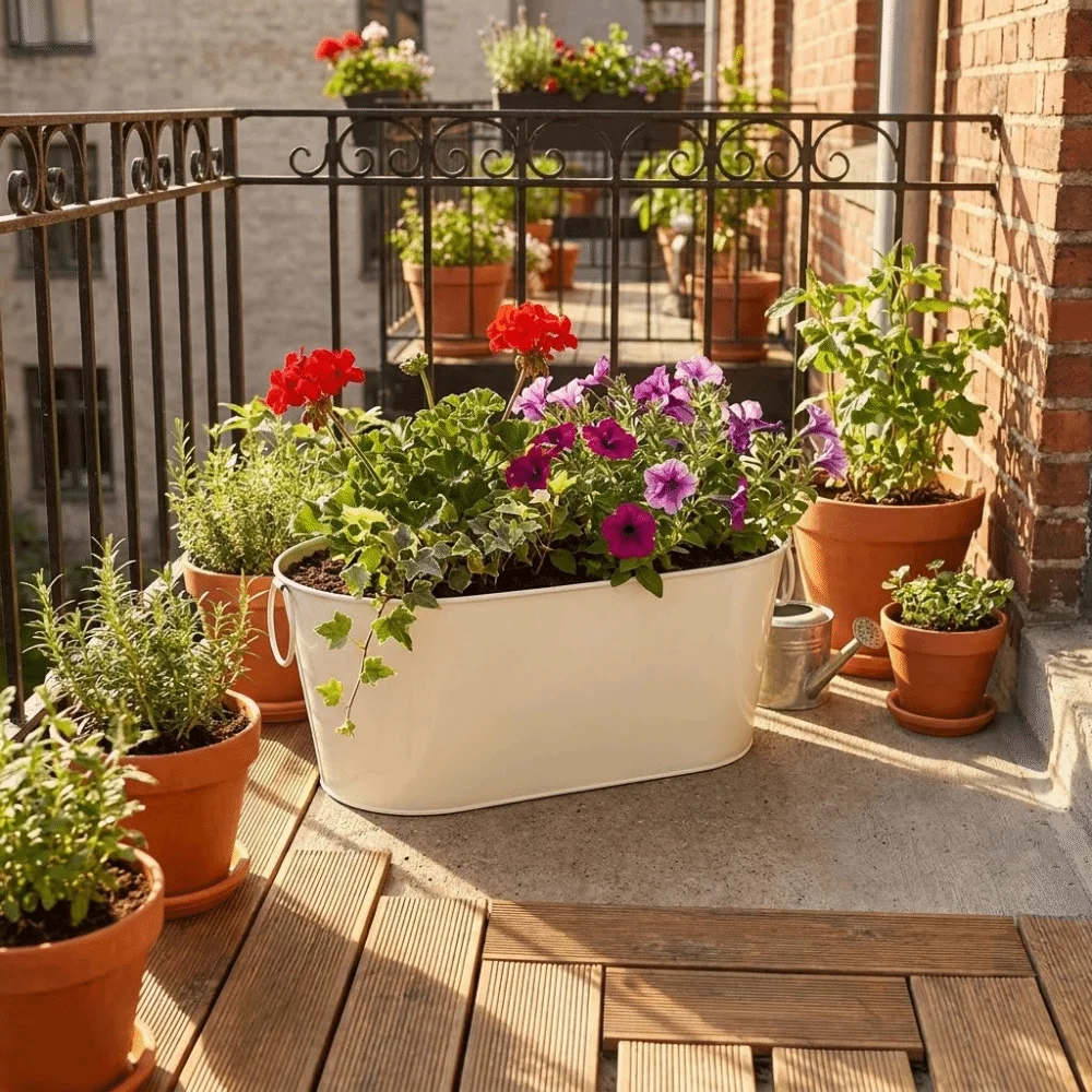 Simple Rustic Iron Flower Pot Vintage with Handle Plant Pot with Drainage Flower Container Windowsill