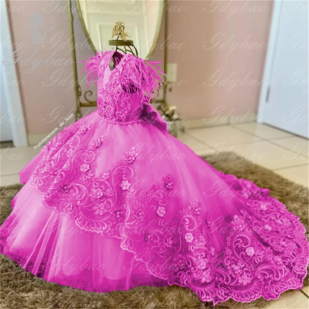 Vestido de flores lila con plumas para niña, apliques de boda, encaje hinchado con lazo, Princesa, desfile de belleza, vestidos de baile de primera comunión