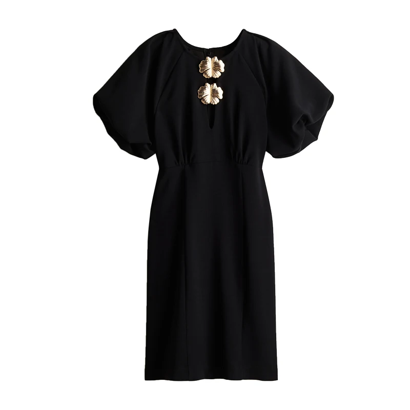 Frühling Sommer Neue Damen runde Ne Lantern Sve Floral verziert Dr Hohe Taille A-Linie Bubble Sve ort Sve Dr