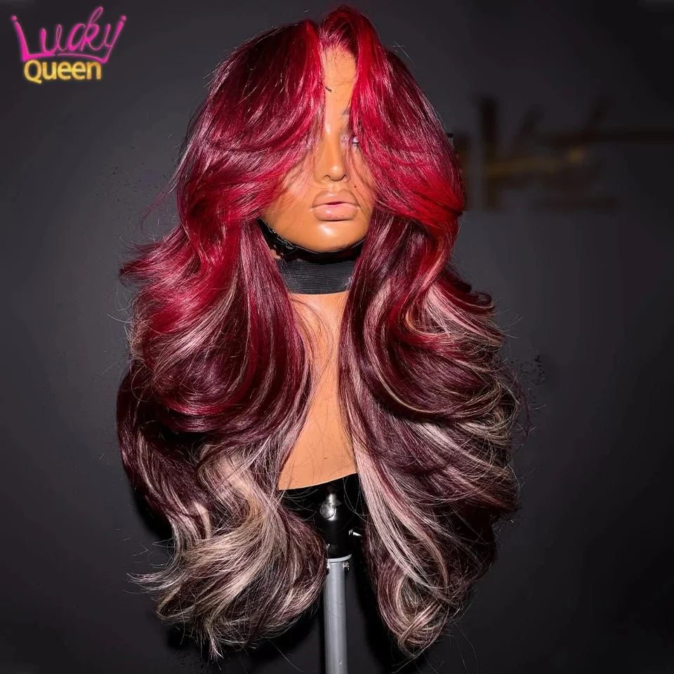 

Highlight Ash Blonde Burgundy Red 180 Density Body Wave Lace Frontal Wigs Pre Plucked Transparent Lace For Women #99J Human Hair