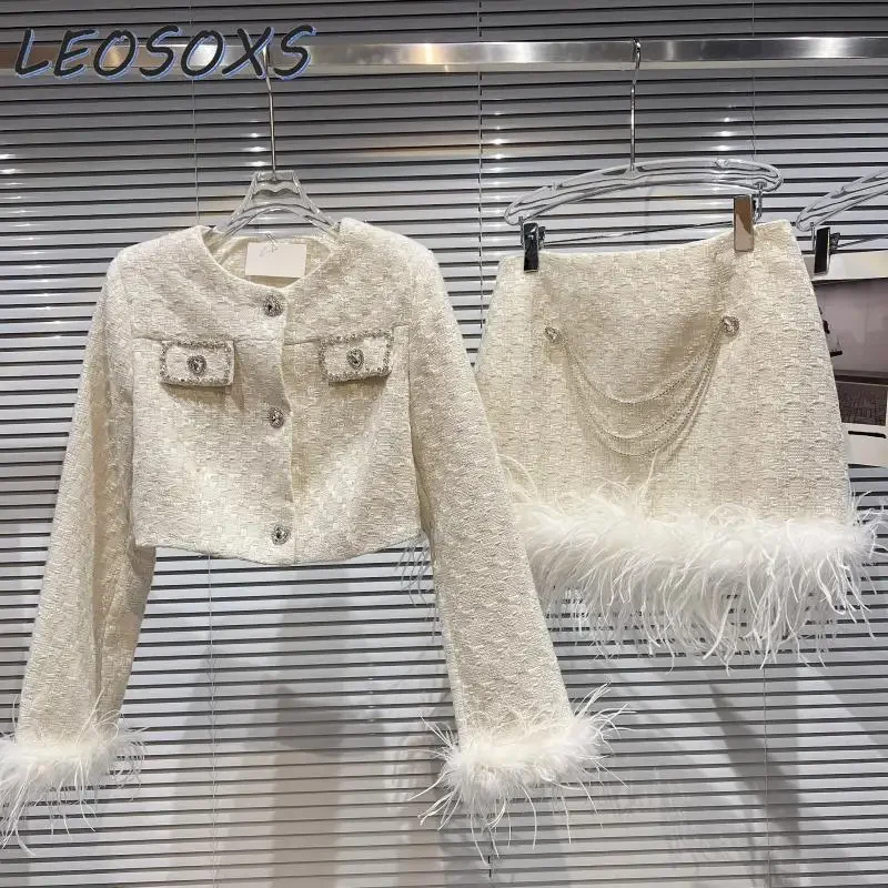 LEOSOXS Luxury 2024 Autumn New Ostrich Feather Love Diamond Strap Luxury Short Coat Mini Skirt Three-Piece Set Women Clothing