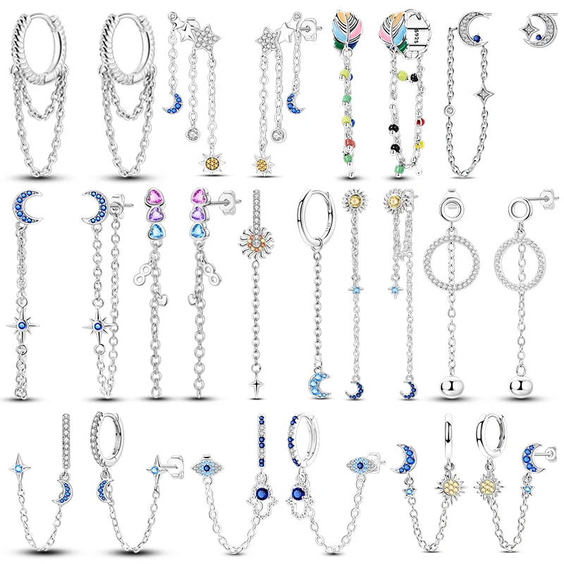 925 Sterling Silver Chain Colored Feather Sun Heart Earrings Charm Hoop Earrings for Women Big Circle Fashion Silver Jewelry