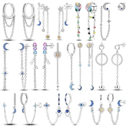 925 Sterling Silver Chain Colored Feather Sun Heart Earrings Charm Hoop Earrings for Women Big Circle Fashion Silver Jewelry
