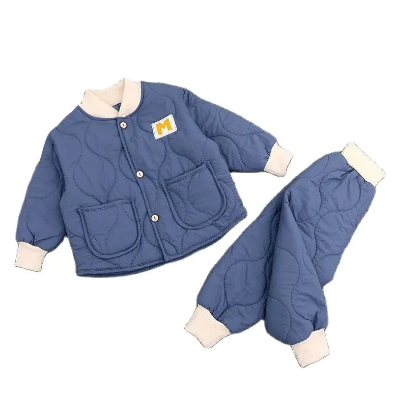 Children\'s Winter Padded Clothes Suit Boys Girls hooded Thickened Cotton Quilted Trousers0-5T Baby Home Service 2-Piece Set