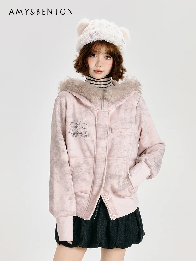 

2025 Autumn Winter New American Style Gray Pink Women's Fur Collar Coat Sweet Design Cat Print Slim Fit Hooded Sweatshirt