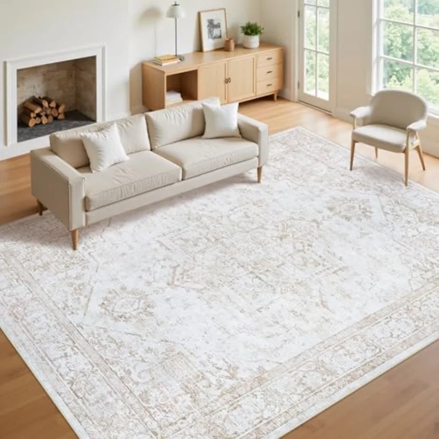 

Living room 8x10 area rug: beige washable vintage medallion non-slip soft low pile retro indoor rug for bedroom kitchen nursery