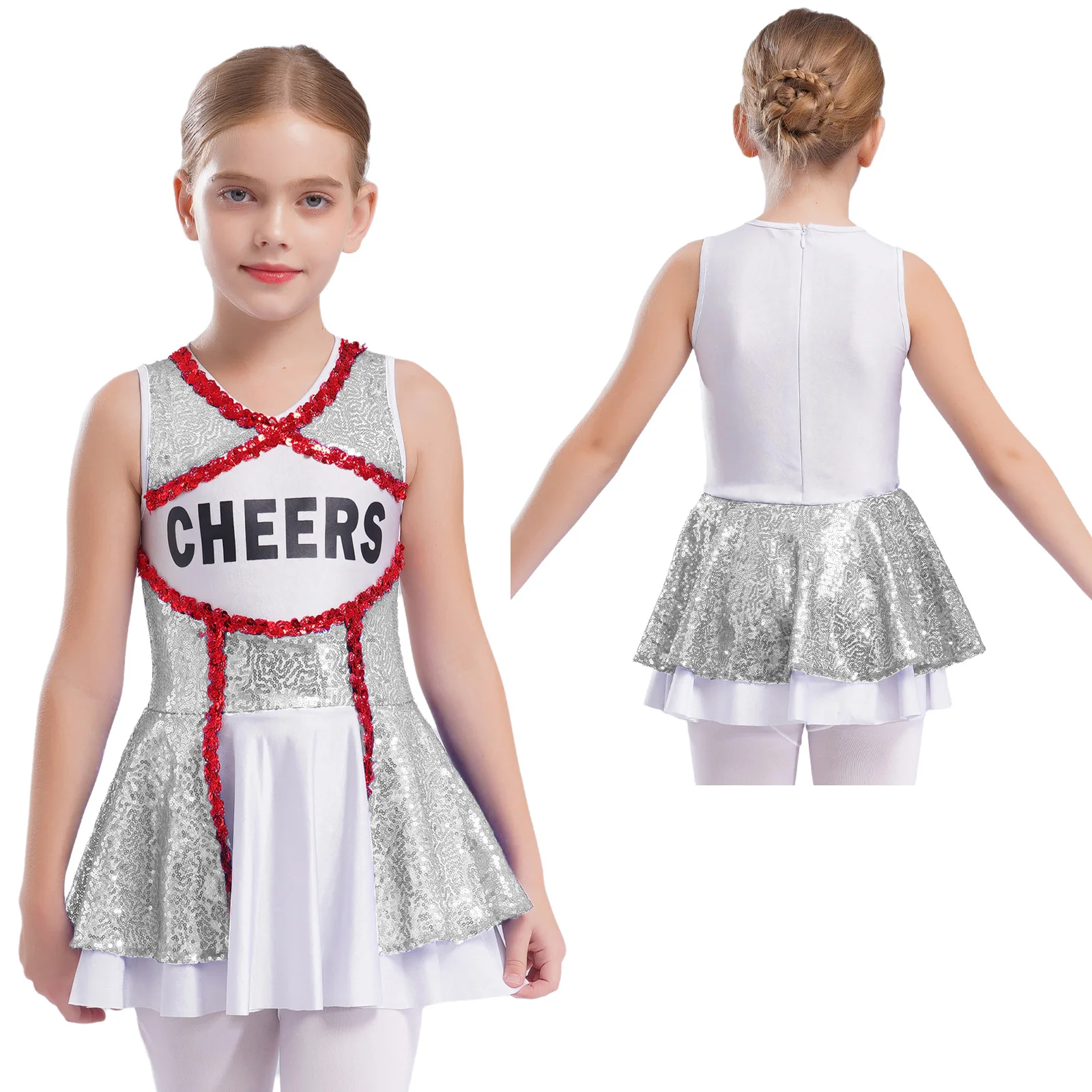 

Kids Girls Cheerleader Uniform Sleeveless Shiny Sequins Cheer Dance Dress Halloween School Girl Cheerleading Performance Costume