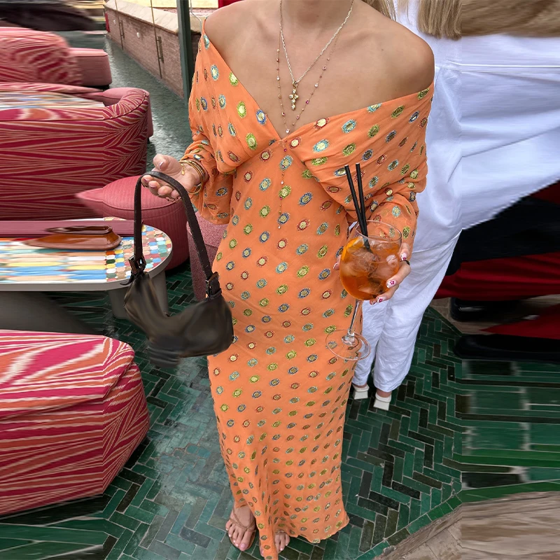 

Women's Elegant Orange Boho Maxi Dress Chic Off Shoulder Bell Sleeve Floral Print Vestidos 2026 New Summer Vacation Long Dresses