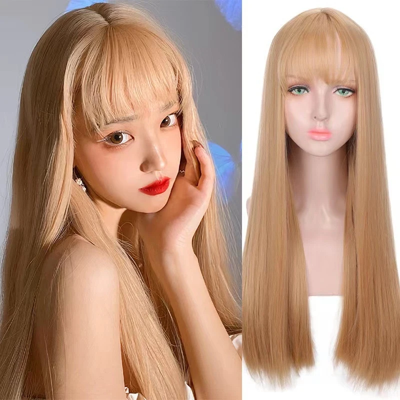 Women's with bangs, long straight hair, pink synthetic fiber, sweet style wig