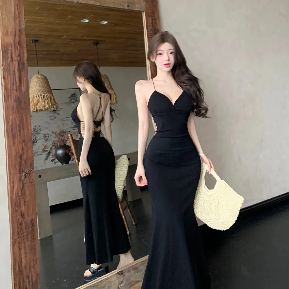 

Bla Sexy Knot Design V-Ne Slimming Dr Ne Hanging Autumn Winter New Sle High Waist Fi Tail Gown for Ladies