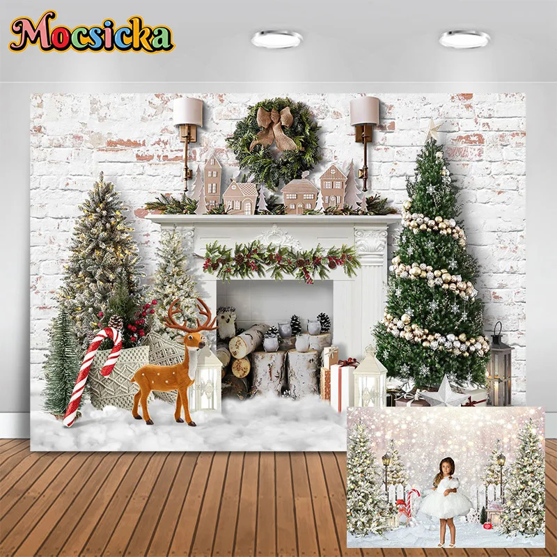 

Mocsicka Christmas Photography Backdrop Xmas Tree Fireplace Snowy New Year's Eve Party Kids Photo Background Cake Crush Banner