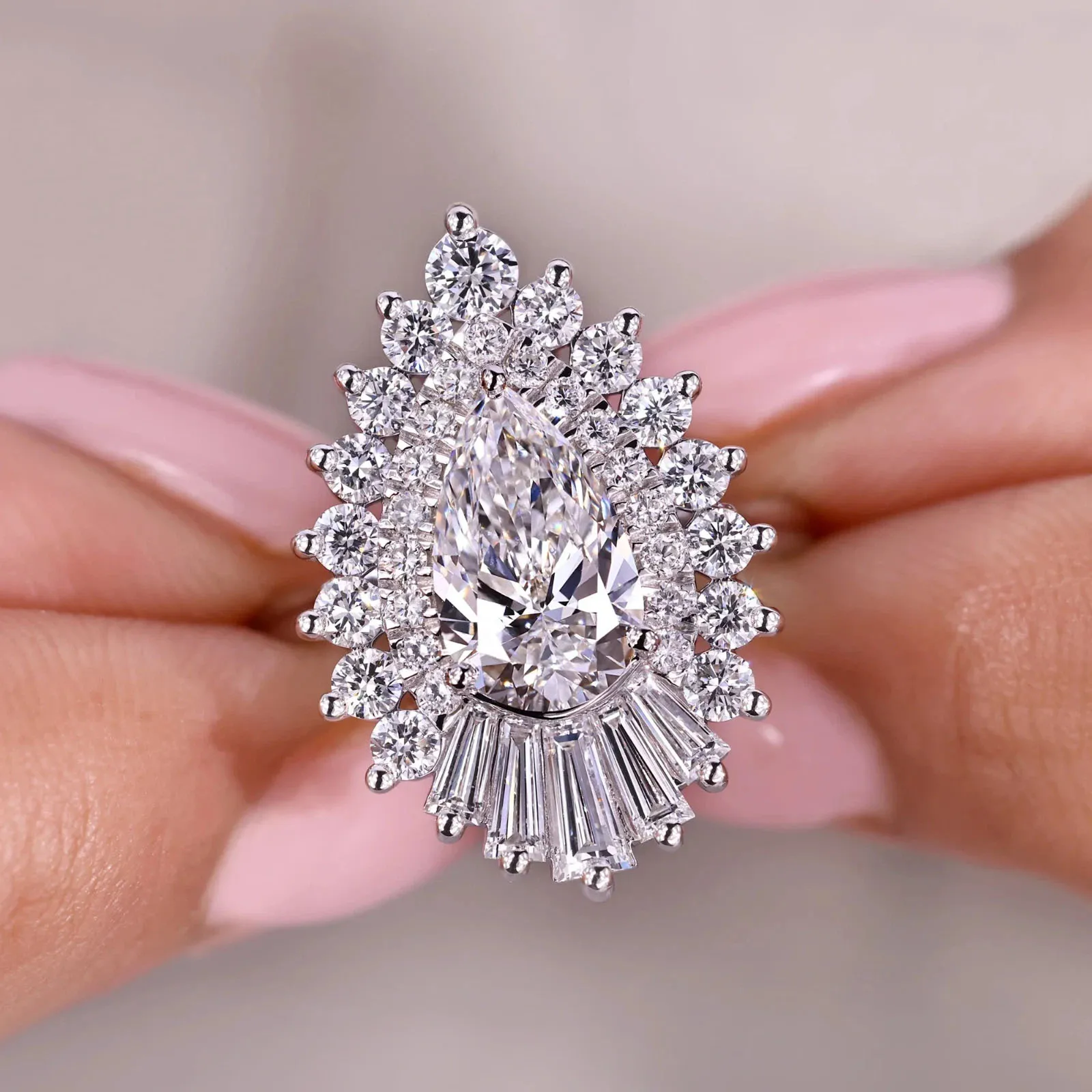 1.50CT Main Stone Pear Shape Lab Grown Diamond EF VS-VVS Snowflake Ring Vintage Style In Platinum 950 Wedding Rings