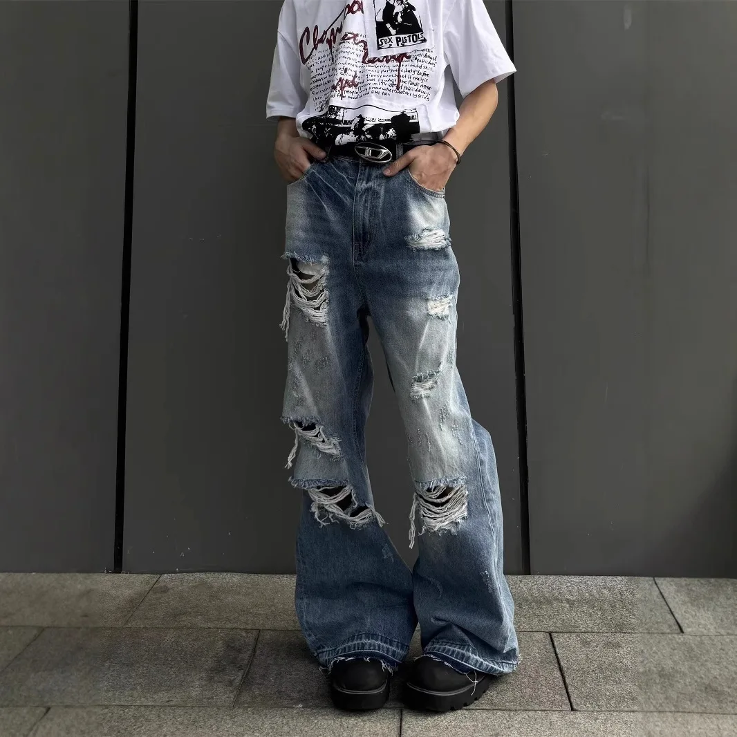 American Vintage Spring/summer Ripped Jeans For Men, Washed Loose Straight-leg High Street Hip-hop Casual Long Pants For Men