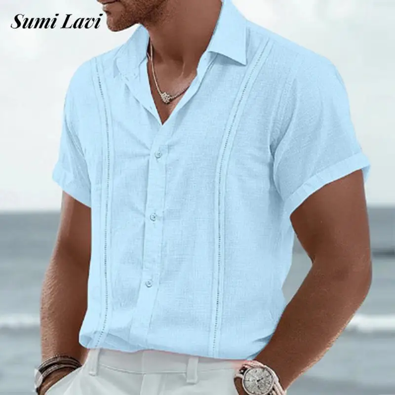 

Casual Mens Clothing Spring Summer Vacation Seaside Beach Leisure Breathable Linen Shirt For Men Fashion Short Sleeve Cardigans