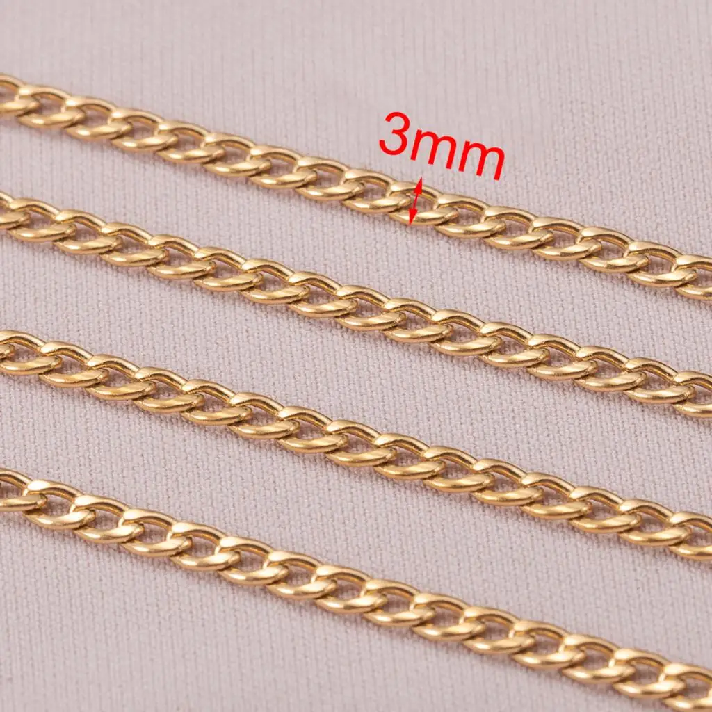 No Fade 2 Meters/Bag 3mm Stainless Steel Flat Chain Golden Curb Link Chains for DIY Handmade Bracelet Necklace Jewelry Making