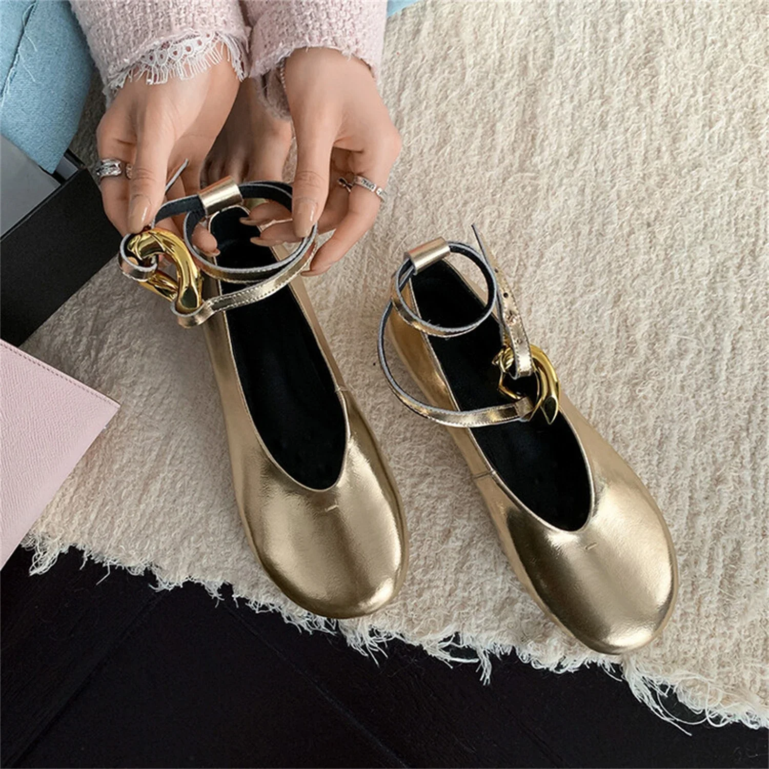 Femalean Mary Jane Flats Big Size Ankle Strap 2024 Sandals Dupe Luxury Silver Black Gold Round Toe Ballerinas Women's Shoes