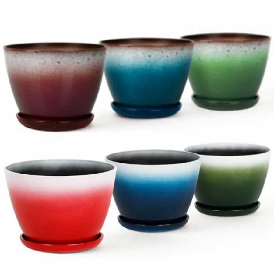 

Garden Plastic Round 8" Plant Pots - Set of 6 Multicolor Small Gloss Flower Pot Planters with Drainage Hole and Saucer - Home D