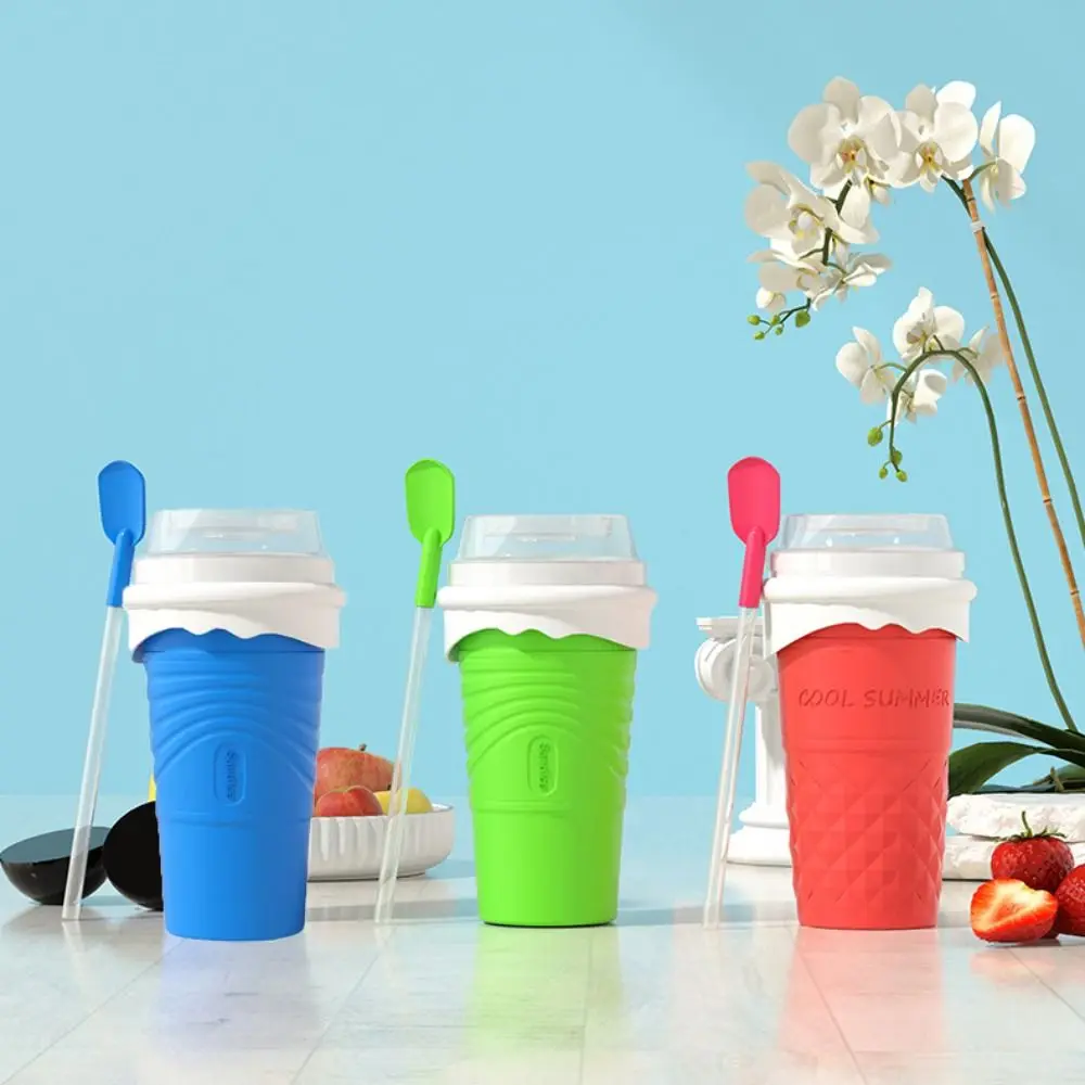 Portable Silicone Slushy Cup with Straw Spoon 500ml Squeeze Cup Double Wall Smoothie Making Cup Refrigerator