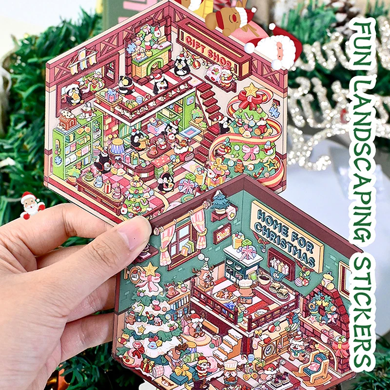 1/4Pcs 크리스마스 DIY 3D 조경 스티커 소형 장면 캐빈 스티커 장면 스태킹 붙여 넣기 귀여운 성인 어린이 선물
