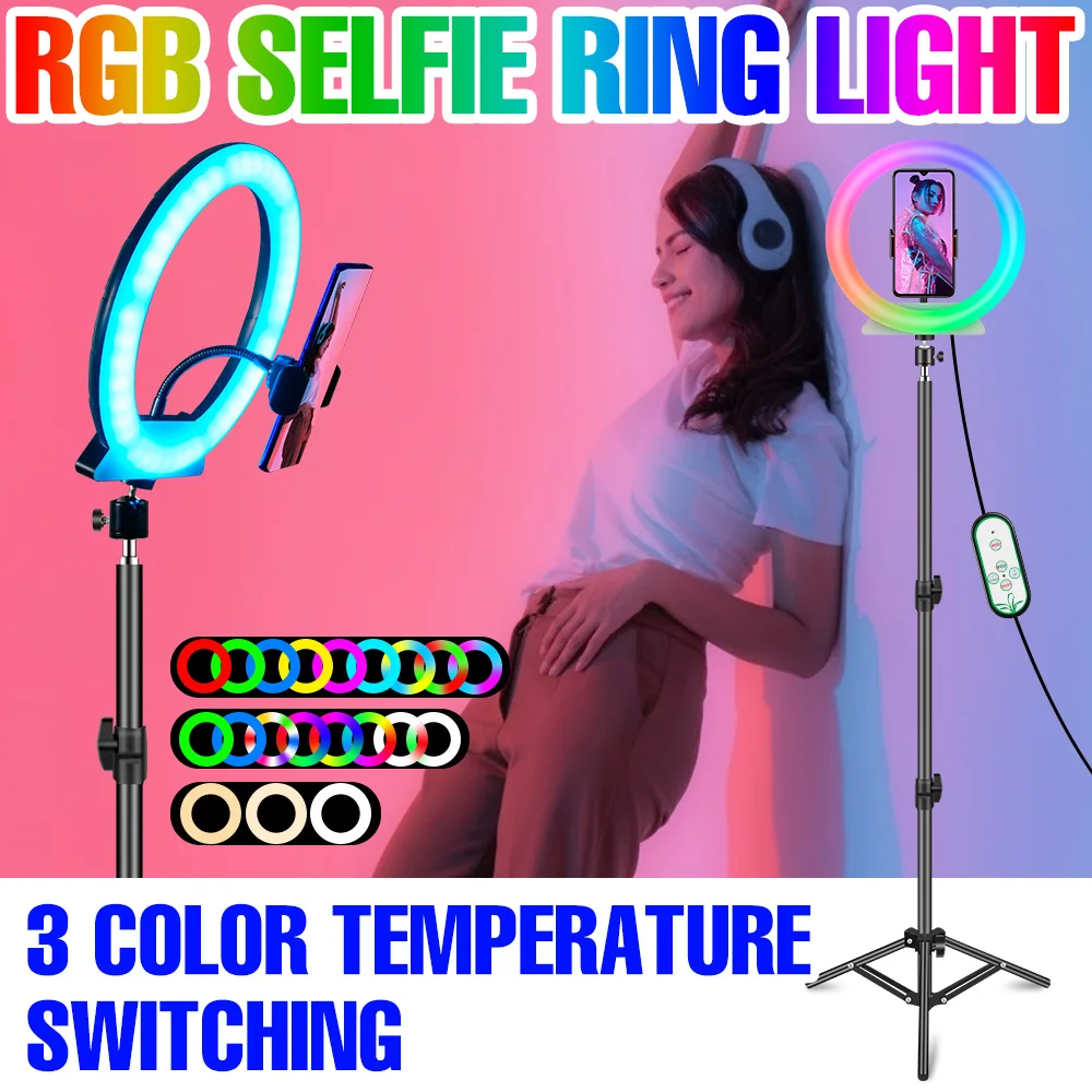 

RGB Selfie Ring Light LED Circle Fill Lamp Photography Video Makeup Live Lighting USB Dimmable Ringlight With Phone Clip Tripod