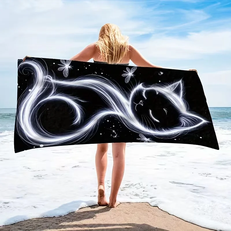 Cartoon Cat Wildflower Butterfly Beach Towel Fresh Meadow Print Quick Dry Soft Towel Lovely Design for Summer Beach Camping