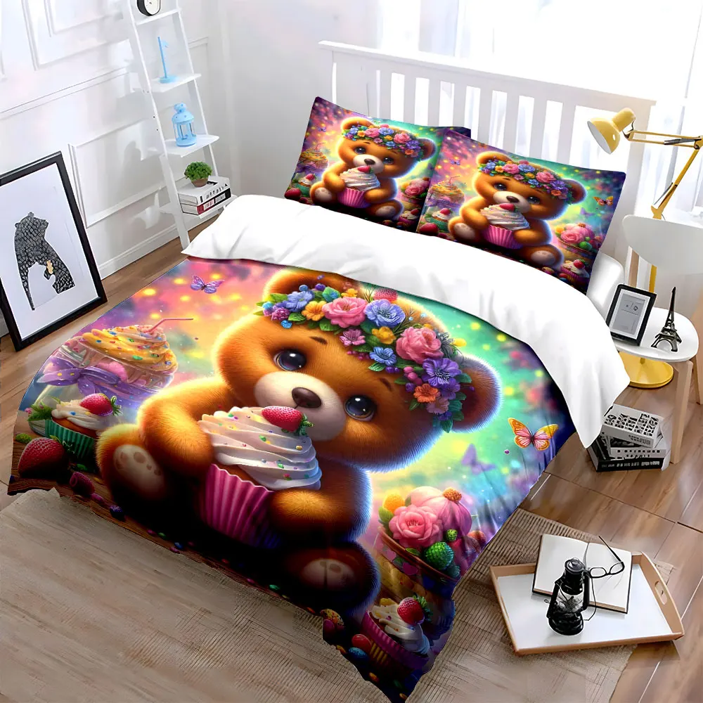 Cute teddy bear with dreamy desserts Print Soft Comfortable Duvet Cover Bedding Set Included 1*Duvet Cover 2*Pillowcases