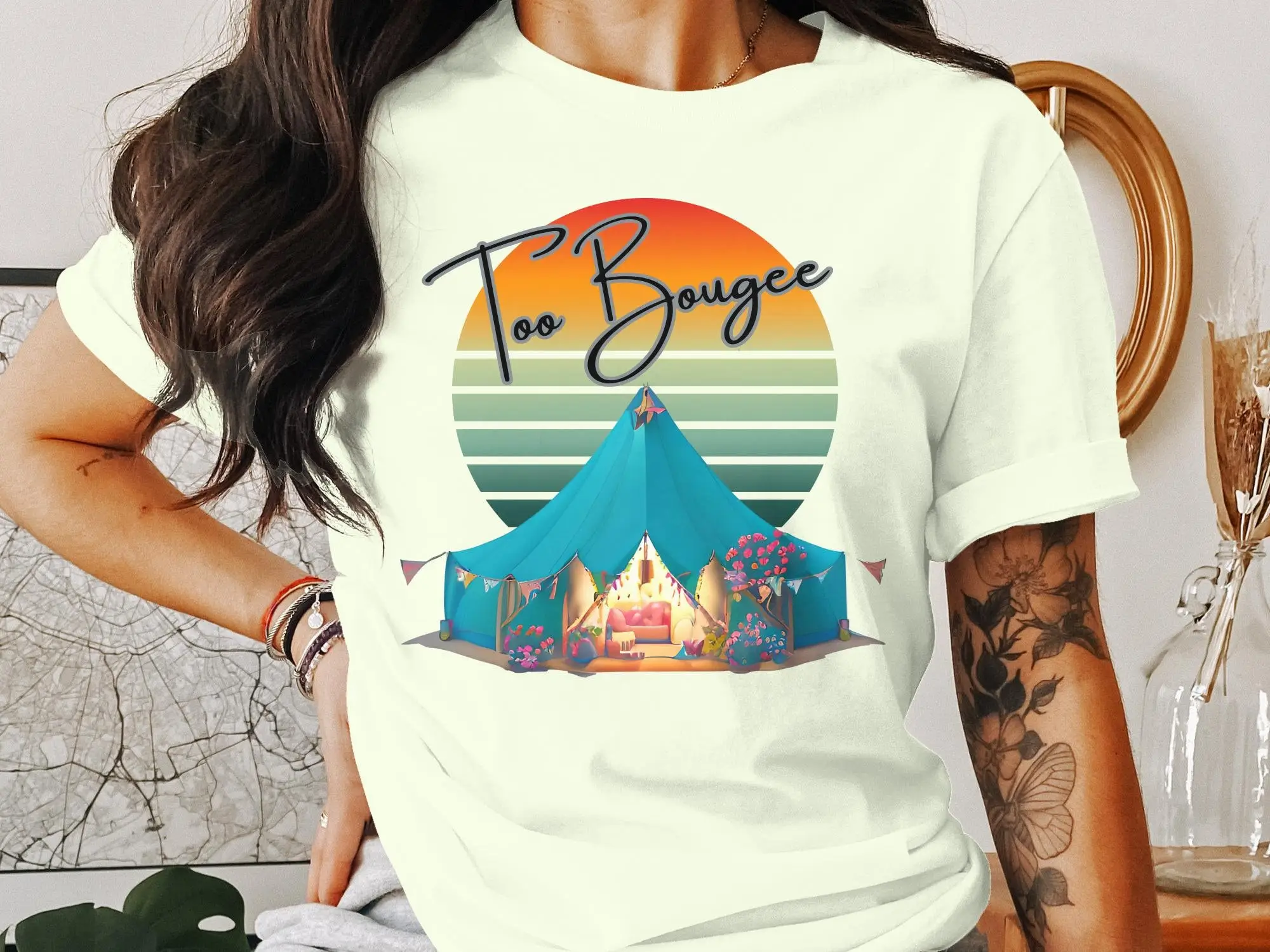 Too Boujee Sunset Camping T Shirt Retro Tent Outdoor Adventure Stylish Rustic Camp Trendy Summer Wear