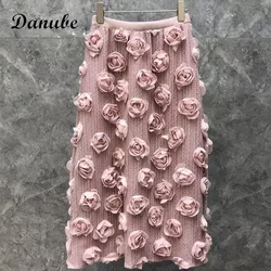 Elegant Design 3D Flower Tulle Long Skirt Women Korean Style High Waist Lace Mesh A Line Midi Skirt Summer Vintage Grunge Skirt