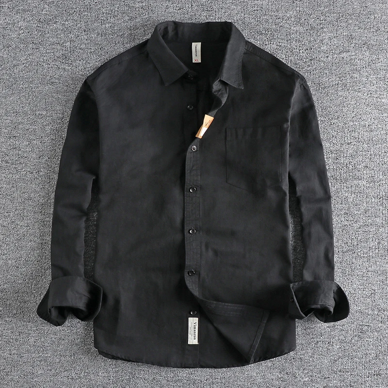 

Autumn Japanese Simple Long Sleeve Lapel Oxford Sticker Shirt Men's Fashion 100% Cotton Washed Slim Solid Color Casual Blouses