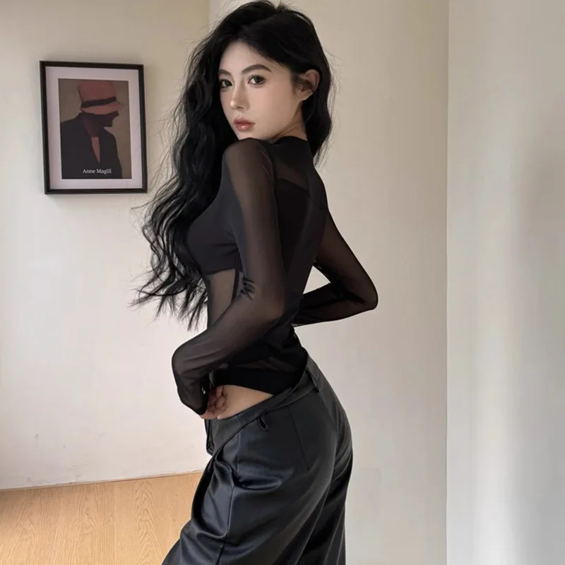 Sexy Clothing Mesh Sexy Top Women Solid Long Sleeve Slim Tee Y2K Korean T Shirts Femme Summer T Shirt Streetwear Party Club