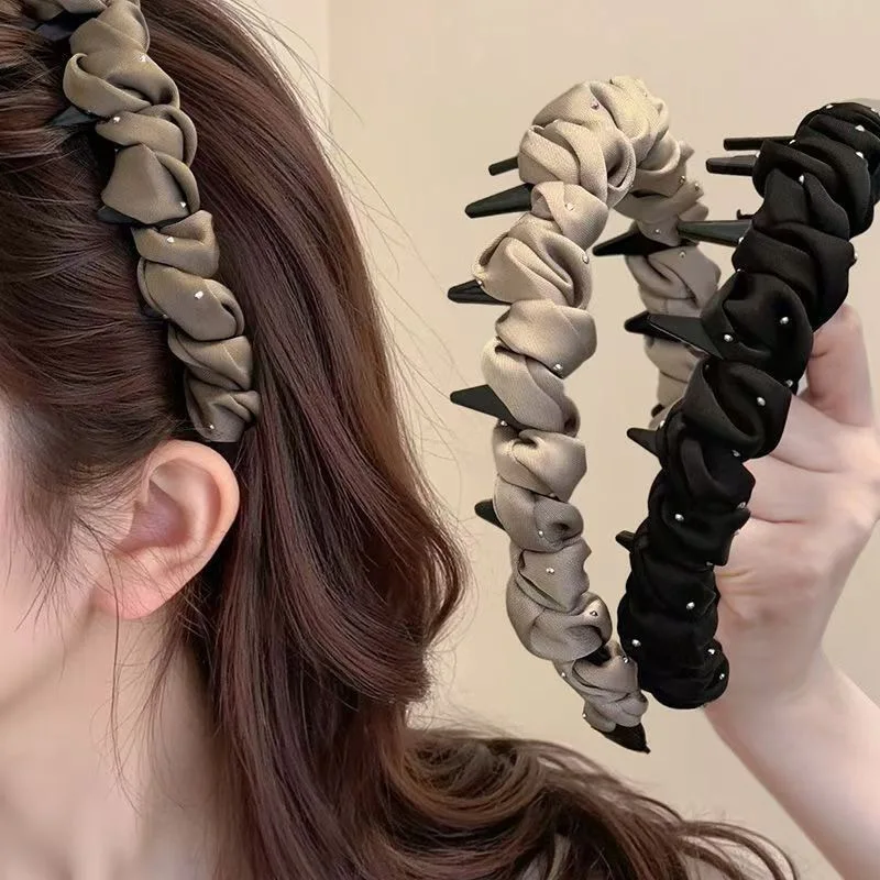 Women Rhinestone Satin Braided Headband With Non Slip Inner Teeth Volumizing High Crown Lift Hair Hoop Elegant Daily Hair Accent
