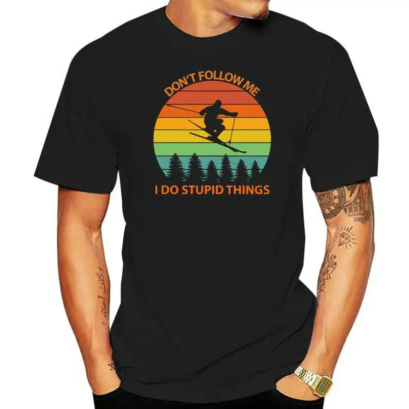 Men's Slim Fit T-Shirt 'Don't Follow Me Do Stupid Things Skiing' Youthful Trendy Design Henry Collar Nine Sleeve Length