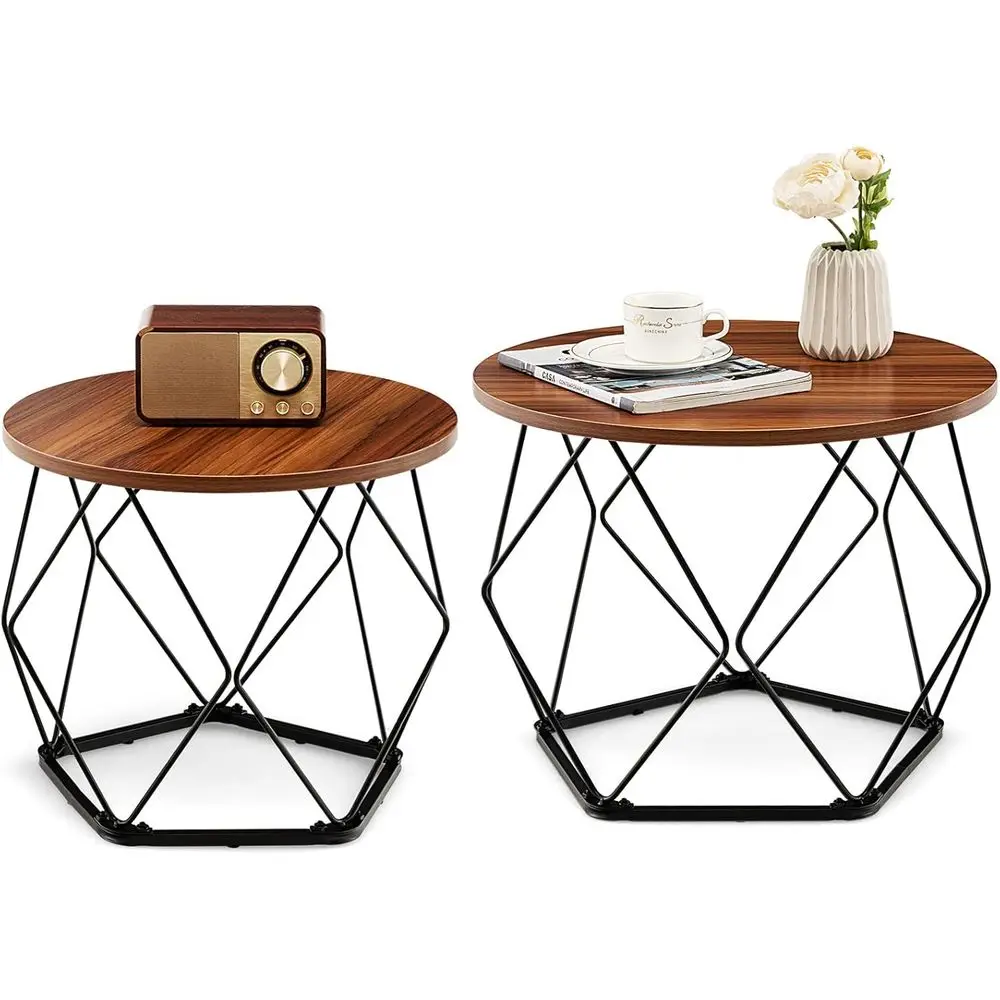 

Set o 2 Coee Tables, Wooden Round Soa Side Table with EVA Pads, Steel e Tea Tables Rustic Accent Tables or Living Room Bedroom O