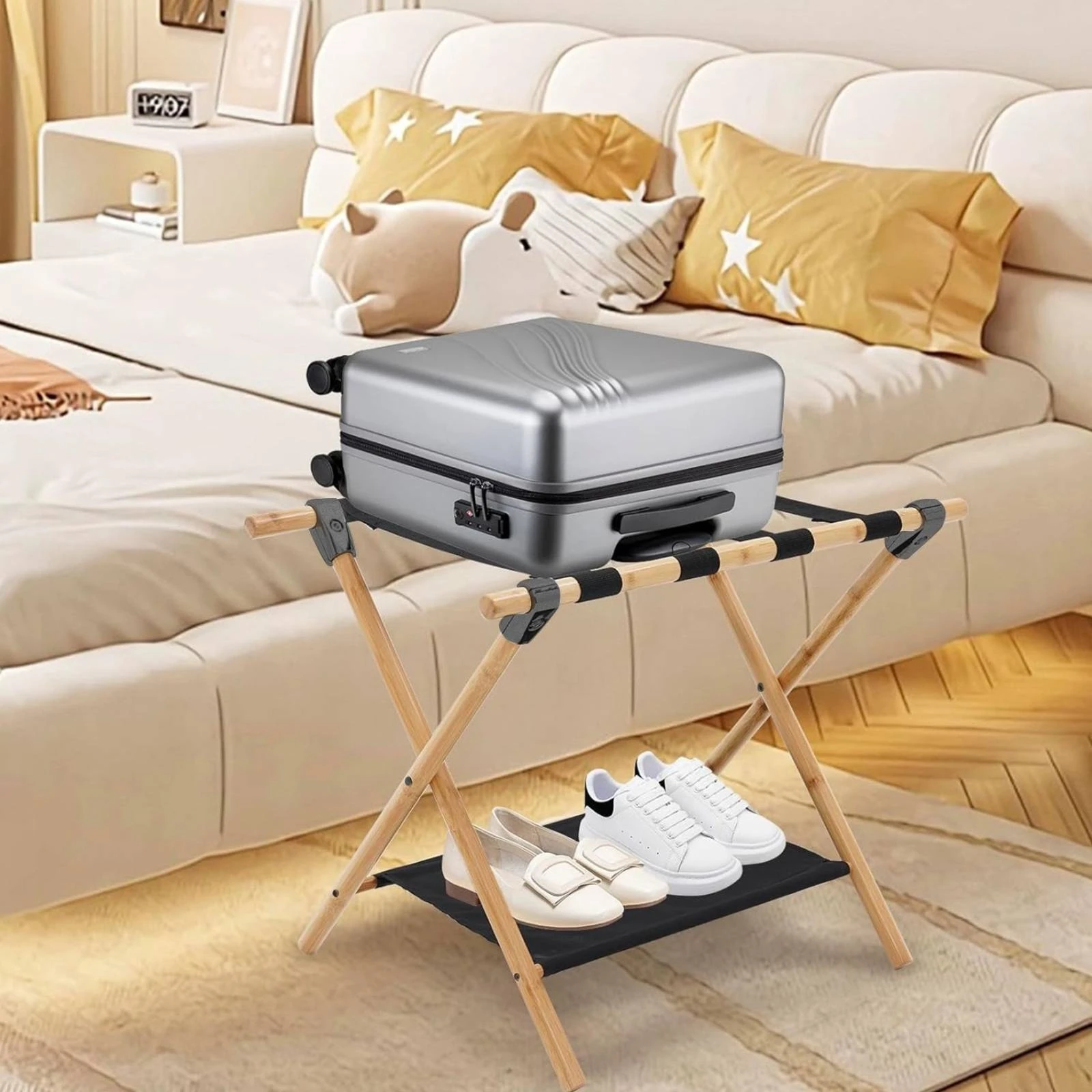 Bamboo Luggage Rack Space-Saving Folding Luggage Rack Foldable Suitcase Stand Heavy Duty Storage Furniture Thickened for Bedroom